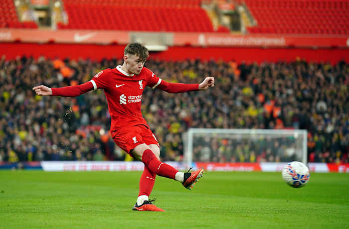 Conor Bradley pictured playing for Liverpool in a 5-2 win over Norwich City at Anfield in the FA Cup in January 2024